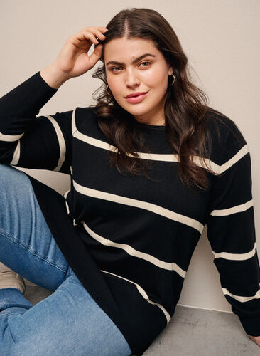 Knitted viscose blouse with stripes, Black Comb, Image image number 0