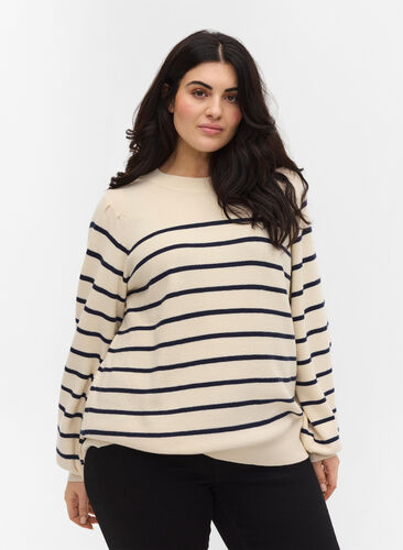 Striped knitted blouse with balloon sleeves, Birch W/Navy stripes, Model image number 0