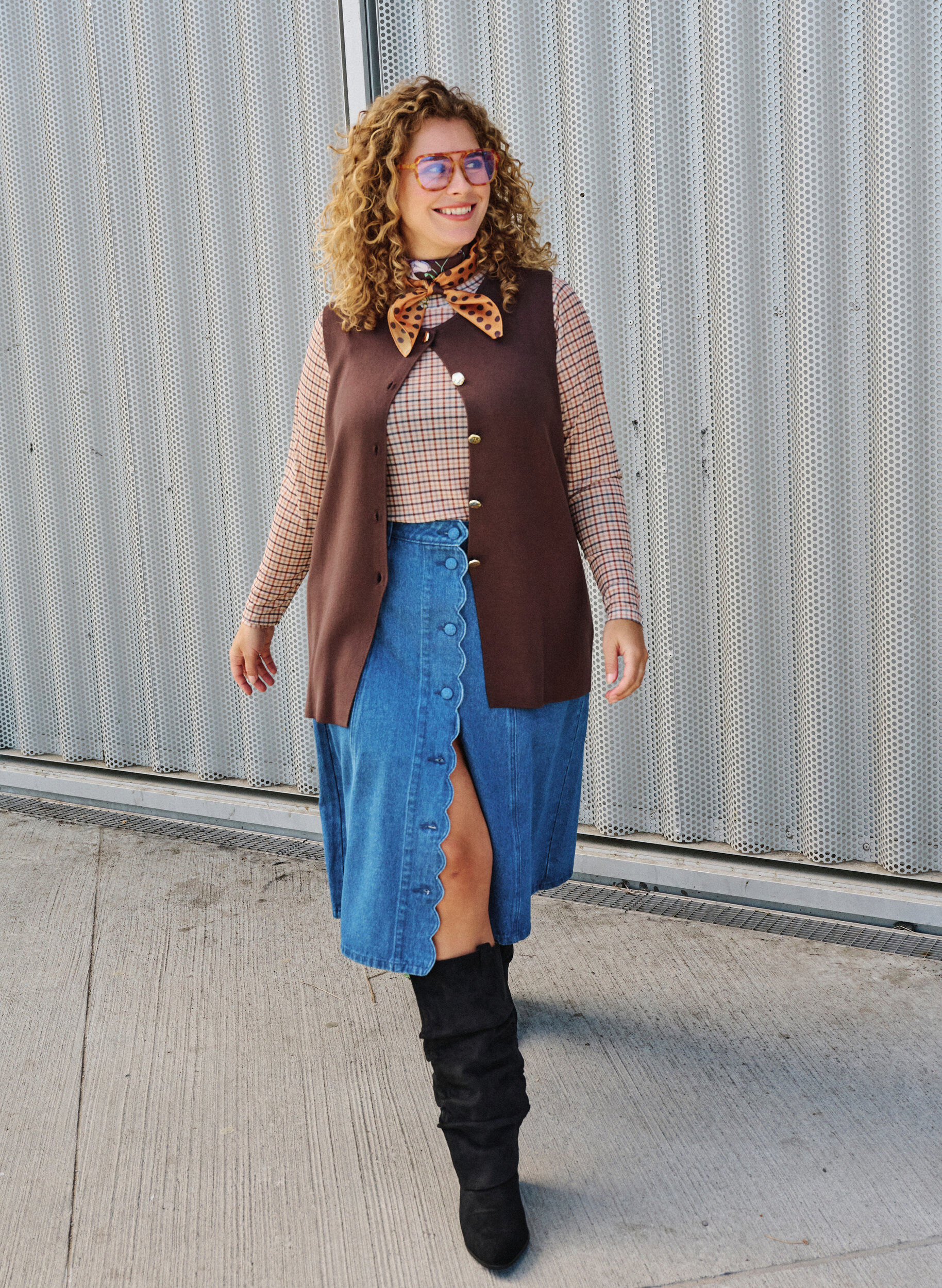 ZizzifashionA-line denim skirt with wavy button placket, Blue, Image image number 0