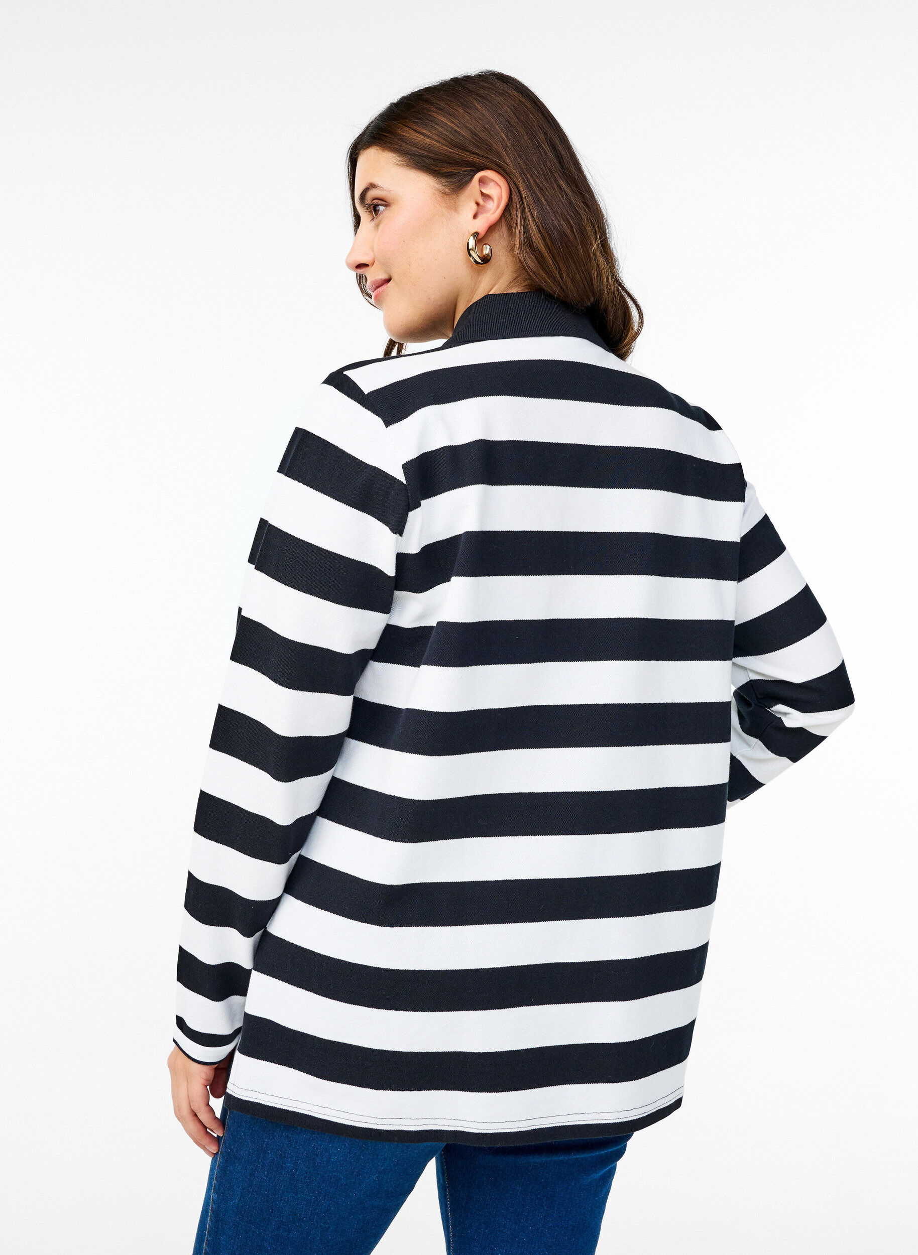 Zizzifashion Striped polo shirt with long sleeves, Black, Model image number 2