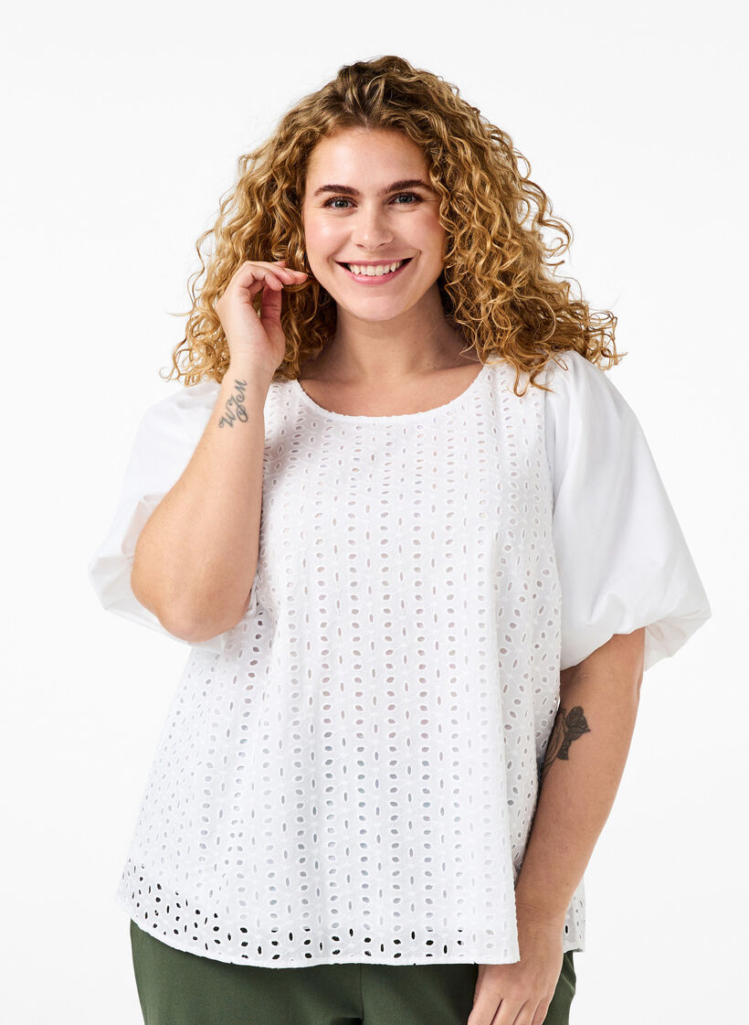 Blouse with puffed sleeves and lace pattern, White, Model image number 0