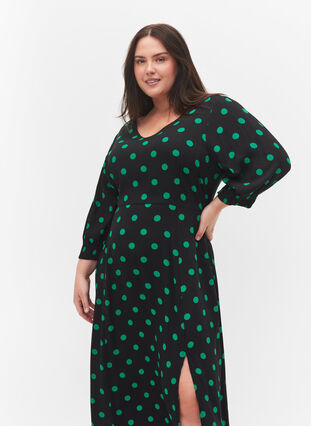 Polka dot viscose midi dress, Black Jol Green Dot, Model image number 2