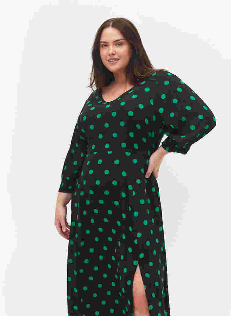 Polka dot viscose midi dress, Black Jol Green Dot, Model image number 2