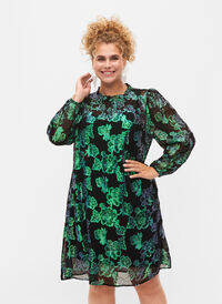 Floral viscose dress with lurex structure, Black w. Green Lurex, Model