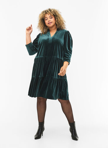 Velour dress with ruffle collar and 3/4 sleeves, Scarab, Model image number 2