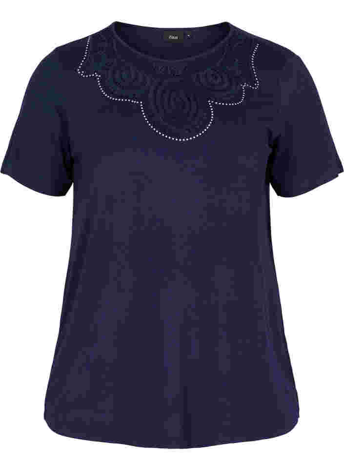 Short-sleeved viscose t-shirt with lace details, Navy Blazer, Packshot image number 0