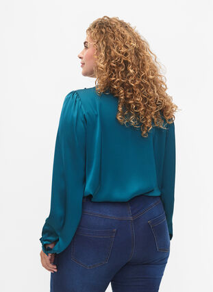 Satin shirt blouse with ruffle details, Shaded Spruce, Model image number 1