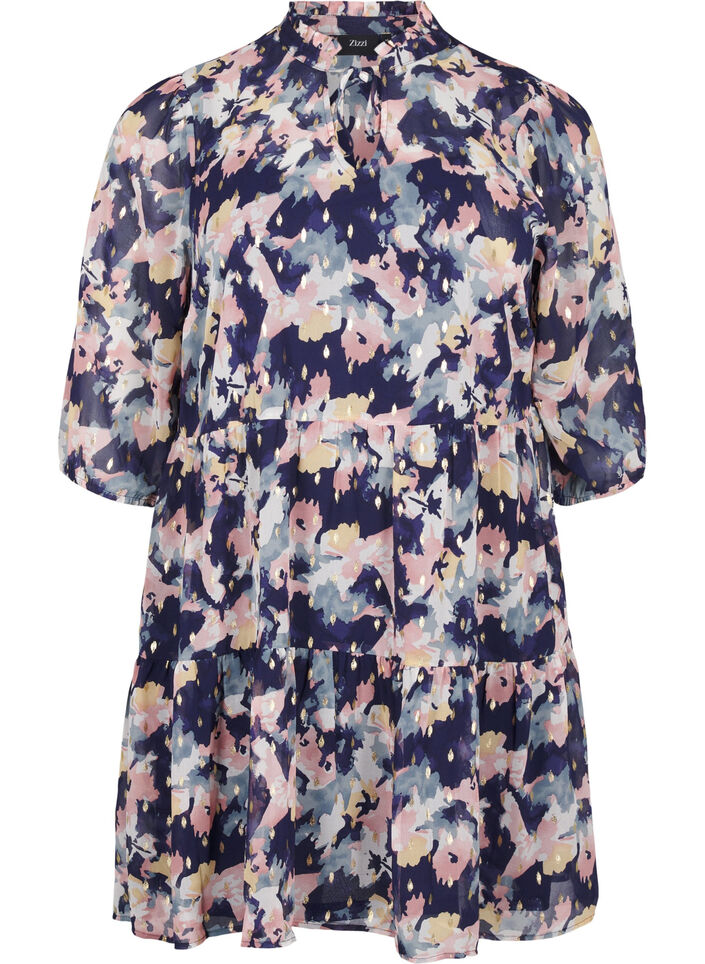 Tunic with floral print and lurex, Night Sky AOP Flower, Packshot image number 0