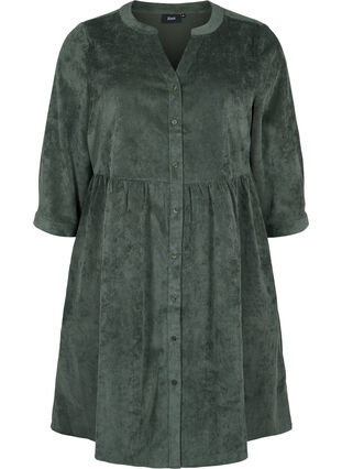 Velvet dress with 3/4-length sleeves and buttons, Deep Forest, Packshot image number 0