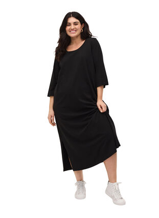 Cotton midi dress with slits, Black, Model image number 3