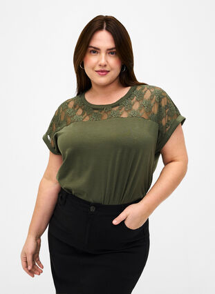 Short-sleeved cotton t-shirt with lace, Thyme, Model image number 0