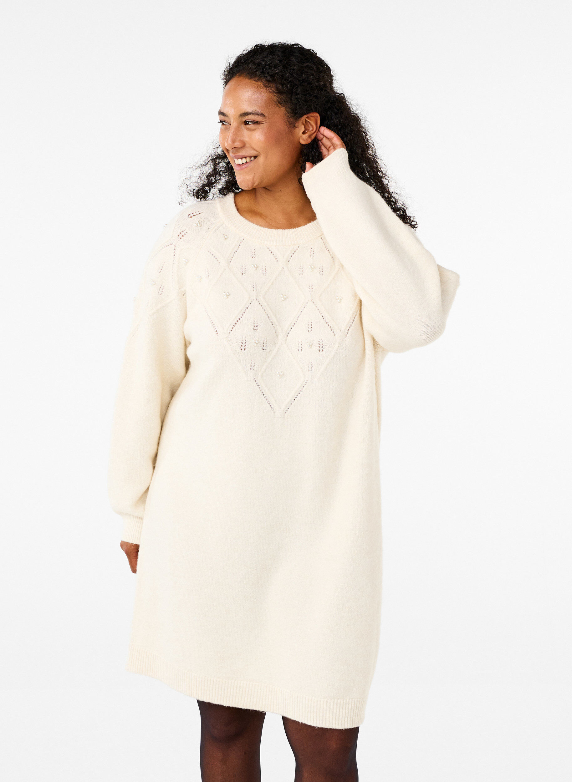 Zizzifashion Knitted dress with pattern and beads, Birch Mel., Model image number 0