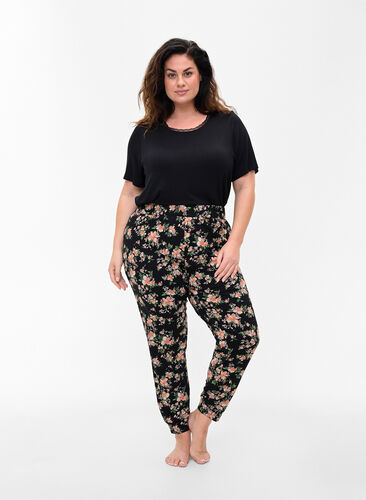 Cotton night trousers with floral print, Black Flower, Model image number 0