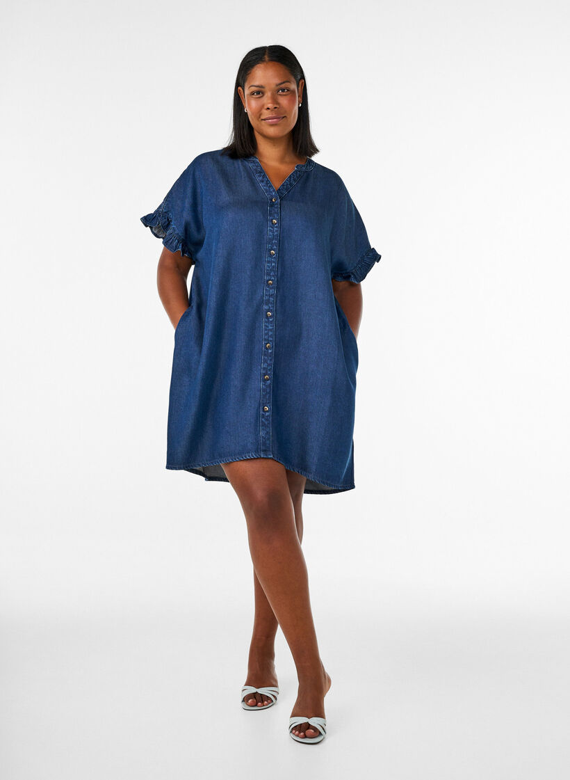 Denim-look dress with button fastening and ruffle sleeves, Blue, Model image number 1