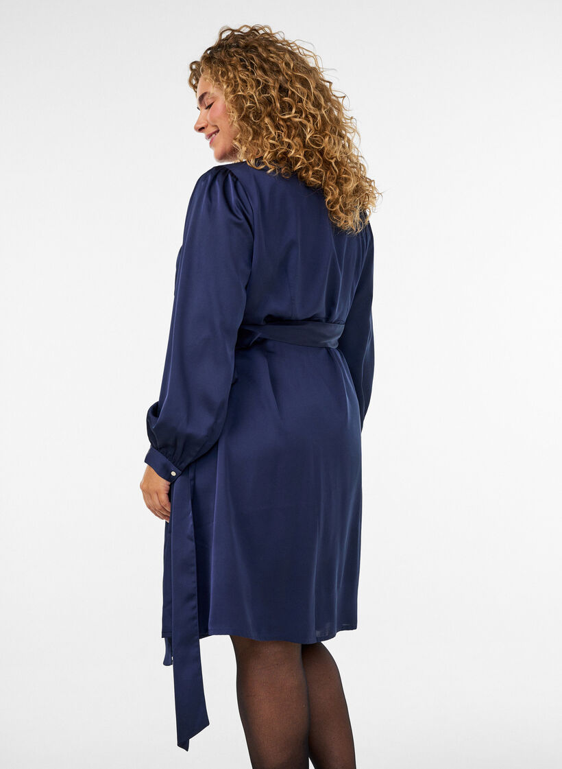 Short satin dress with wrap design, Blue, Model image number 2
