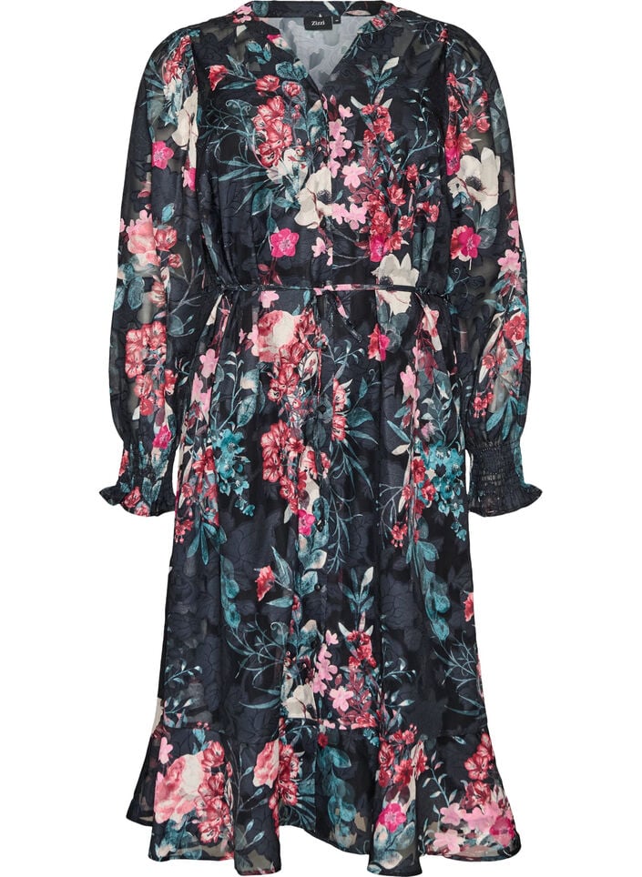 Floral midi dress with woven texture and tie-belt, Black, Packshot image number 0