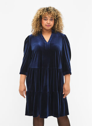 Velour dress with ruffle collar and 3/4 sleeves, Navy Blazer, Model image number 0