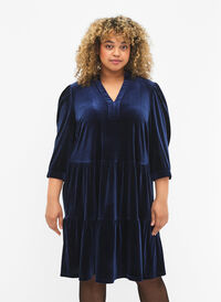 Velour dress with ruffle collar and 3/4 sleeves, Navy Blazer, Model