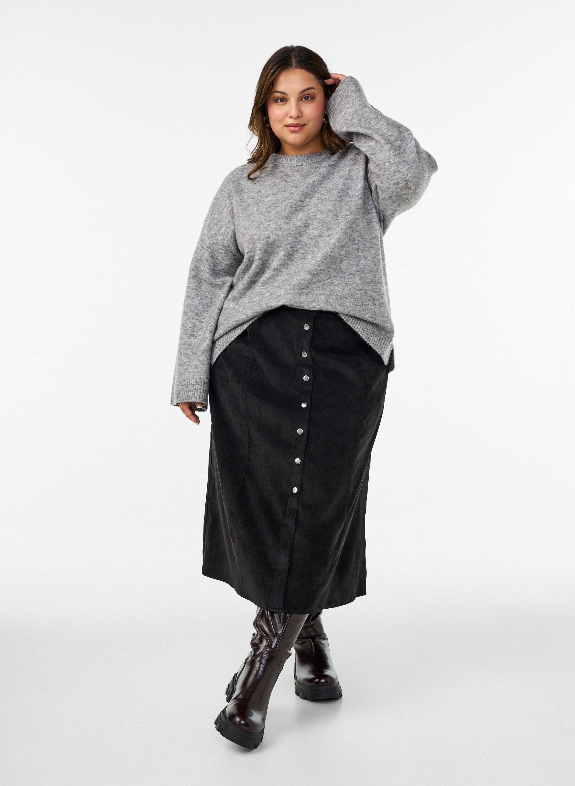 ZizzifashionA-line corduroy skirt with buttons, Black, Model image number 1