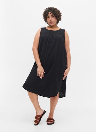 Sleeveless cotton dress in a-shape, Black, Model image number 2