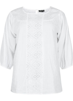 Blouse with embroidery anglaise and 3/4 sleeves, Bright White, Packshot image number 0