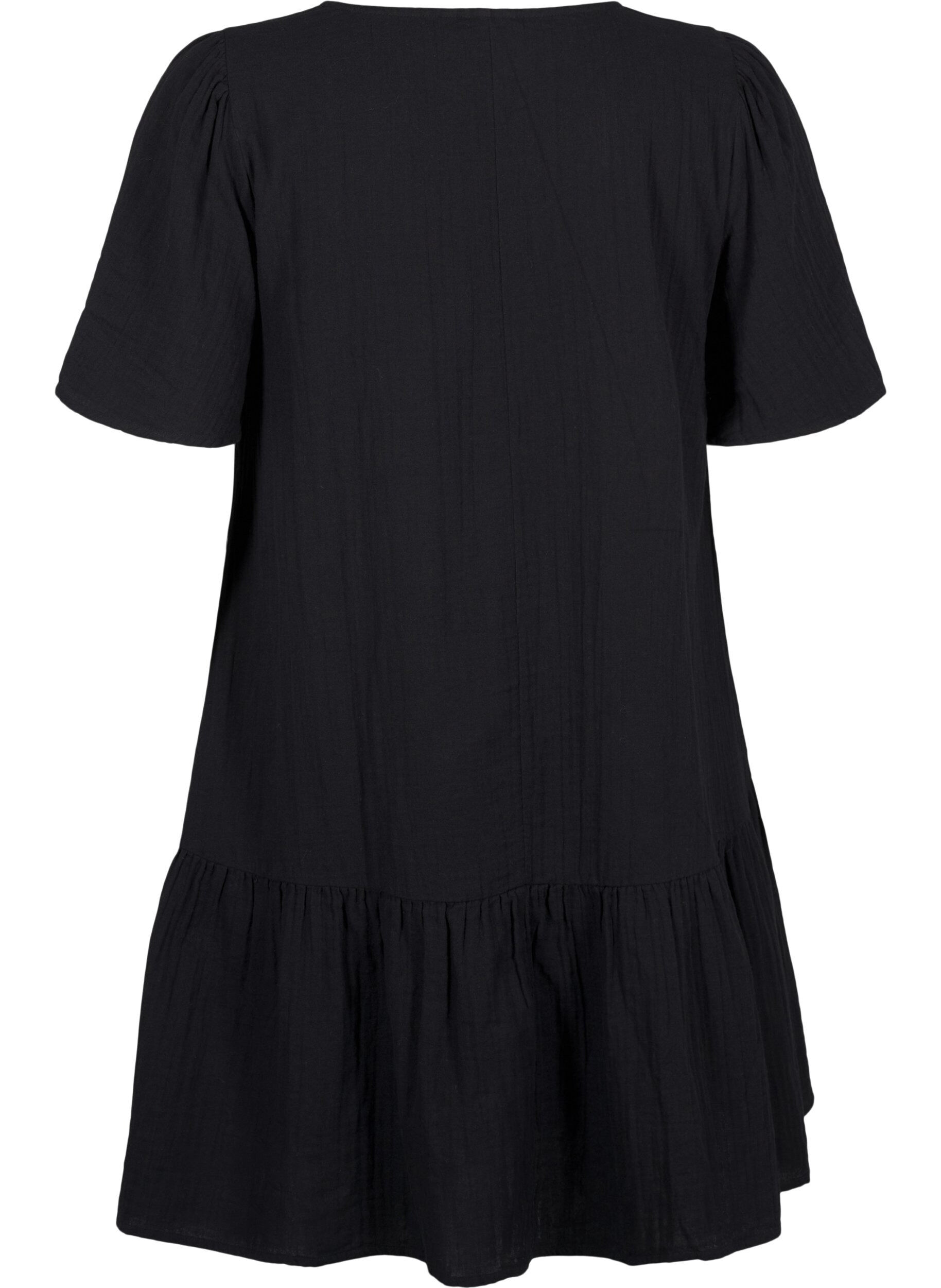 Zizzifashion Cotton short-sleeved dress with a-line cut, Black, Packshot image number 1