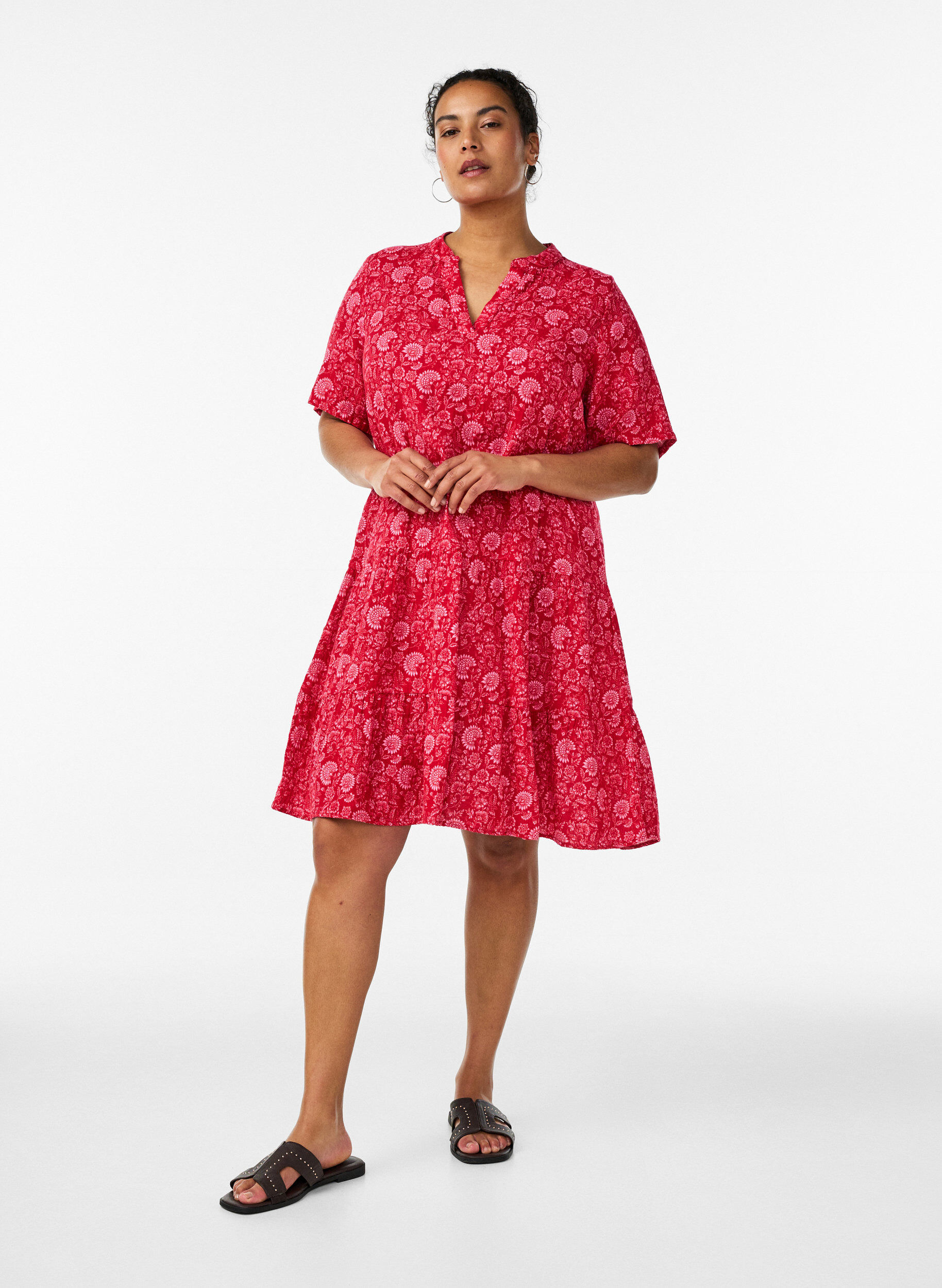 ZizzifashionShort A-line dress in cotton muslin, Red, Model image number 1