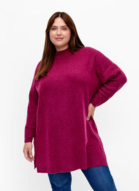 Melange knit sweater with slit, Raspberry Mel., Model