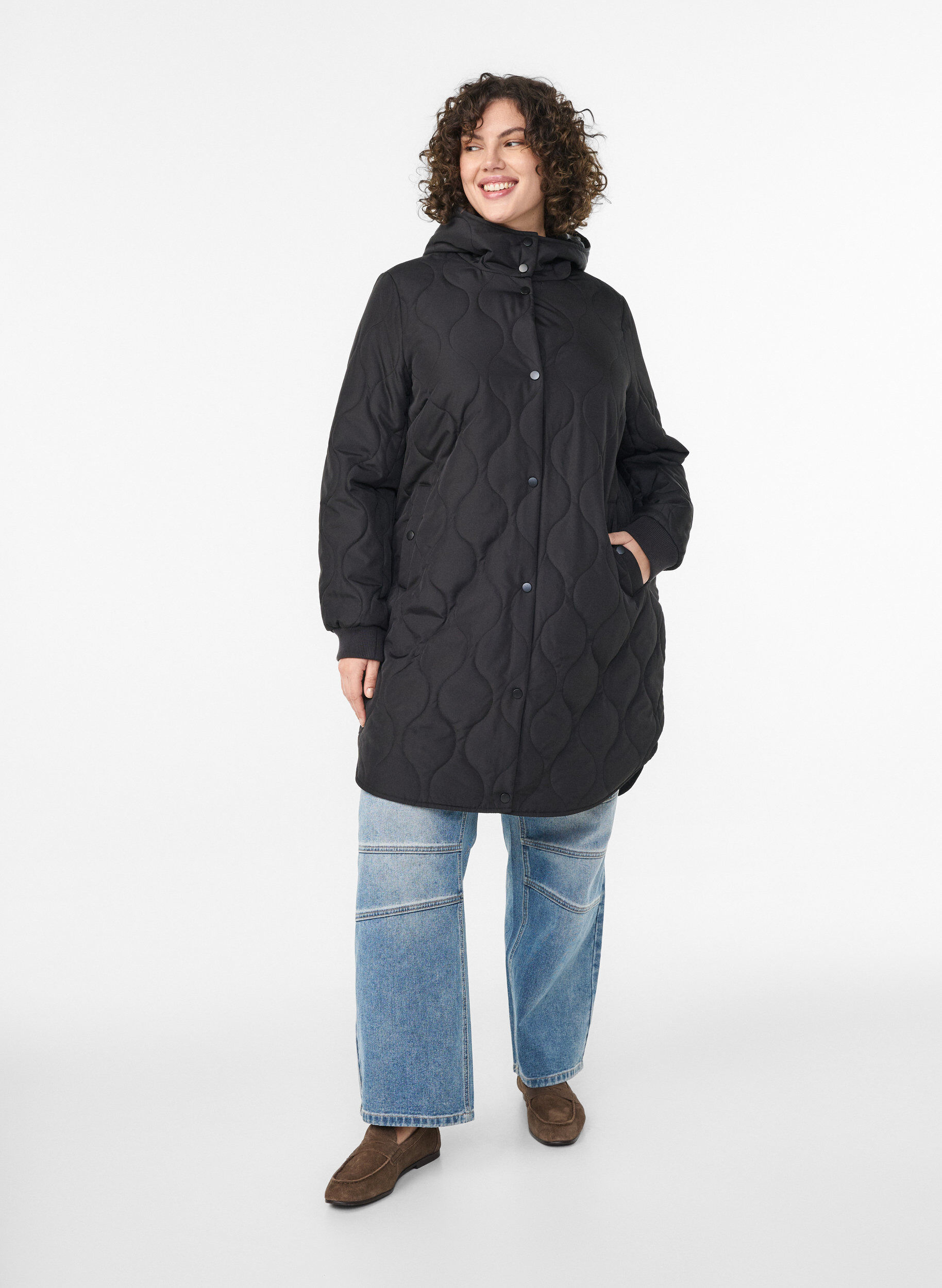 ZizzifashionMid-length quilted jacket with a hood, Black, Model image number 1