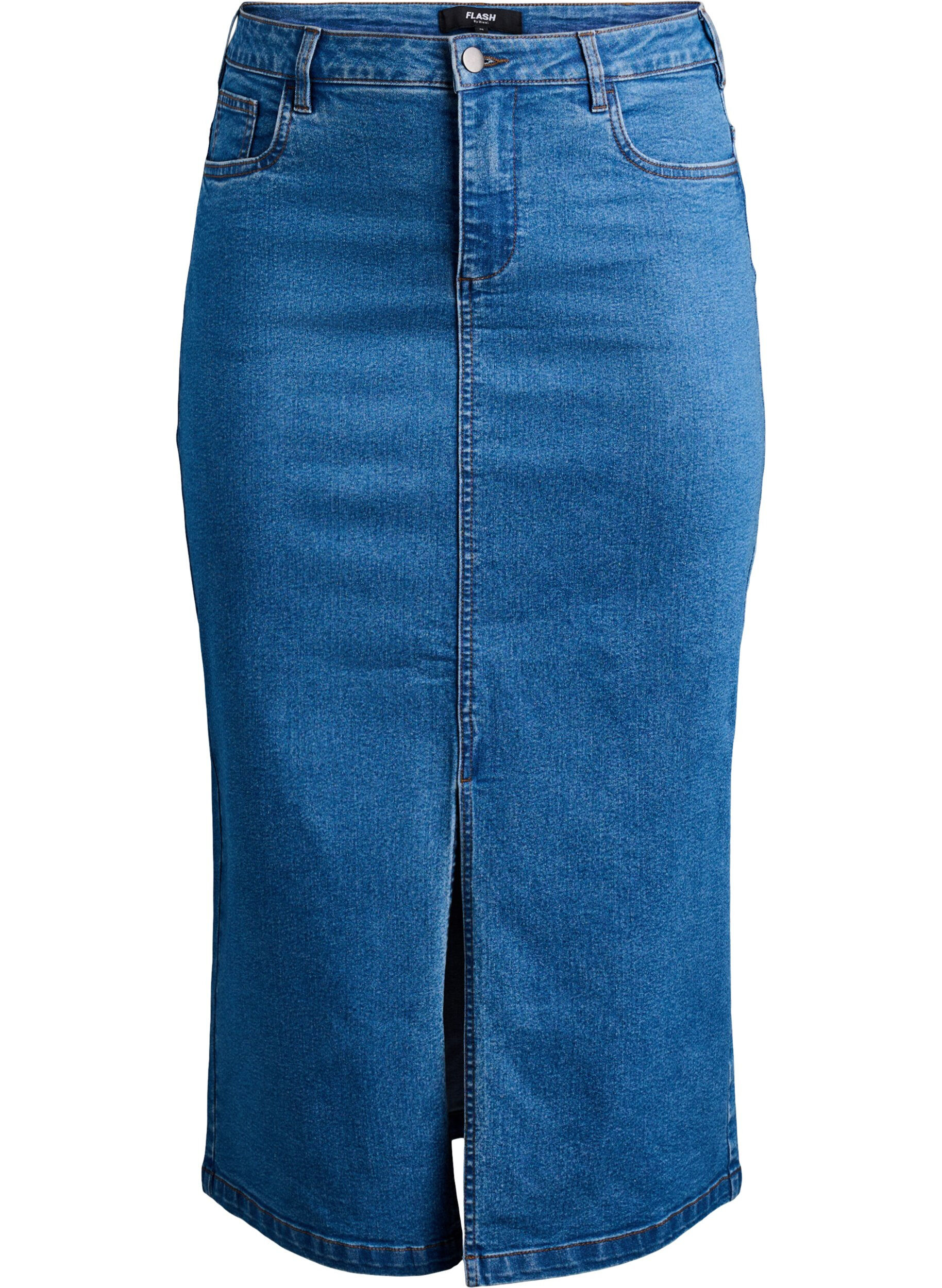 Zizzifashion FLASH - Midi denim skirt with a front slit, Blue, Packshot image number 0