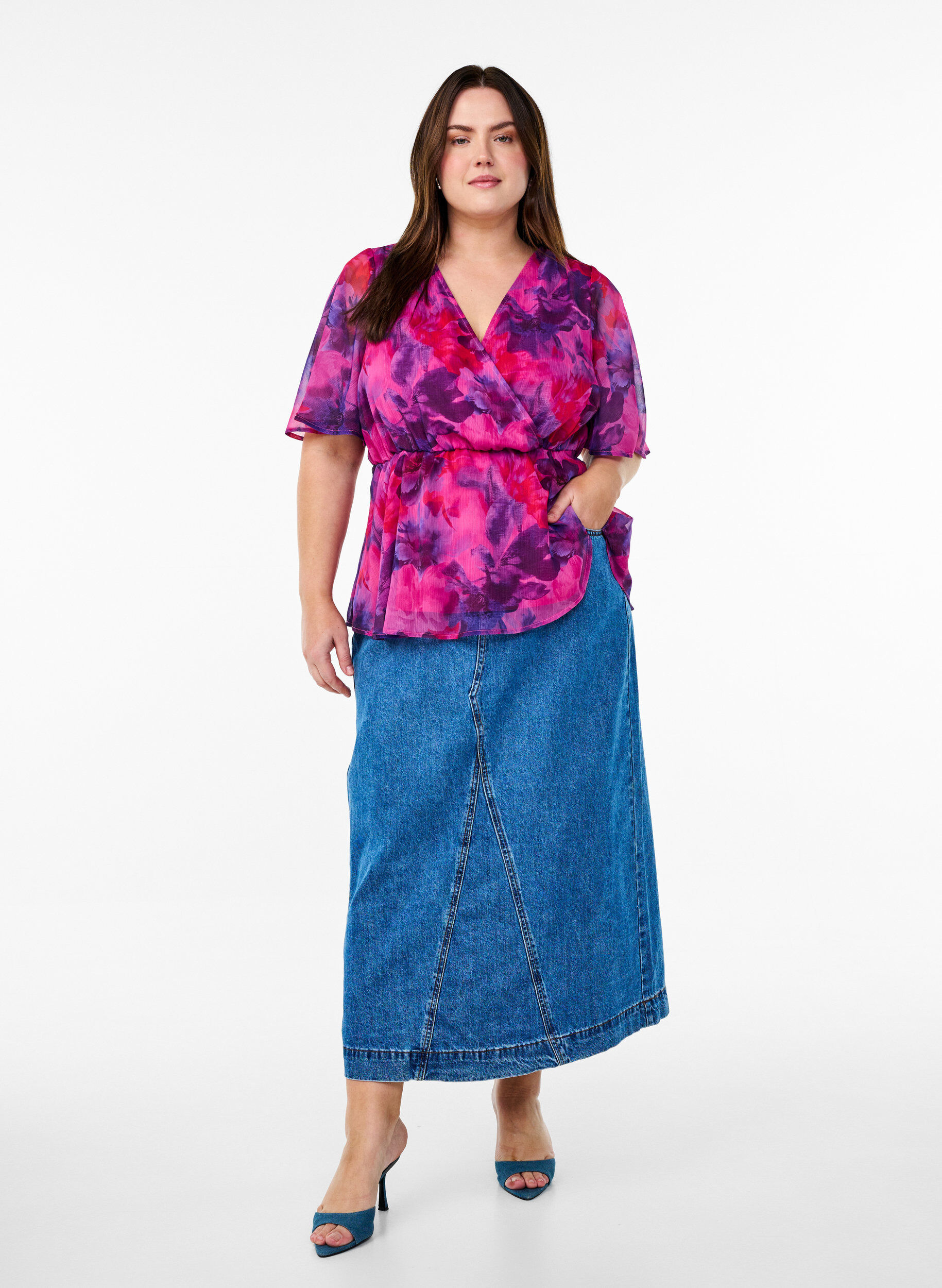 ZizzifashionFloral chiffon blouse with short sleeves, Red, Model image number 1