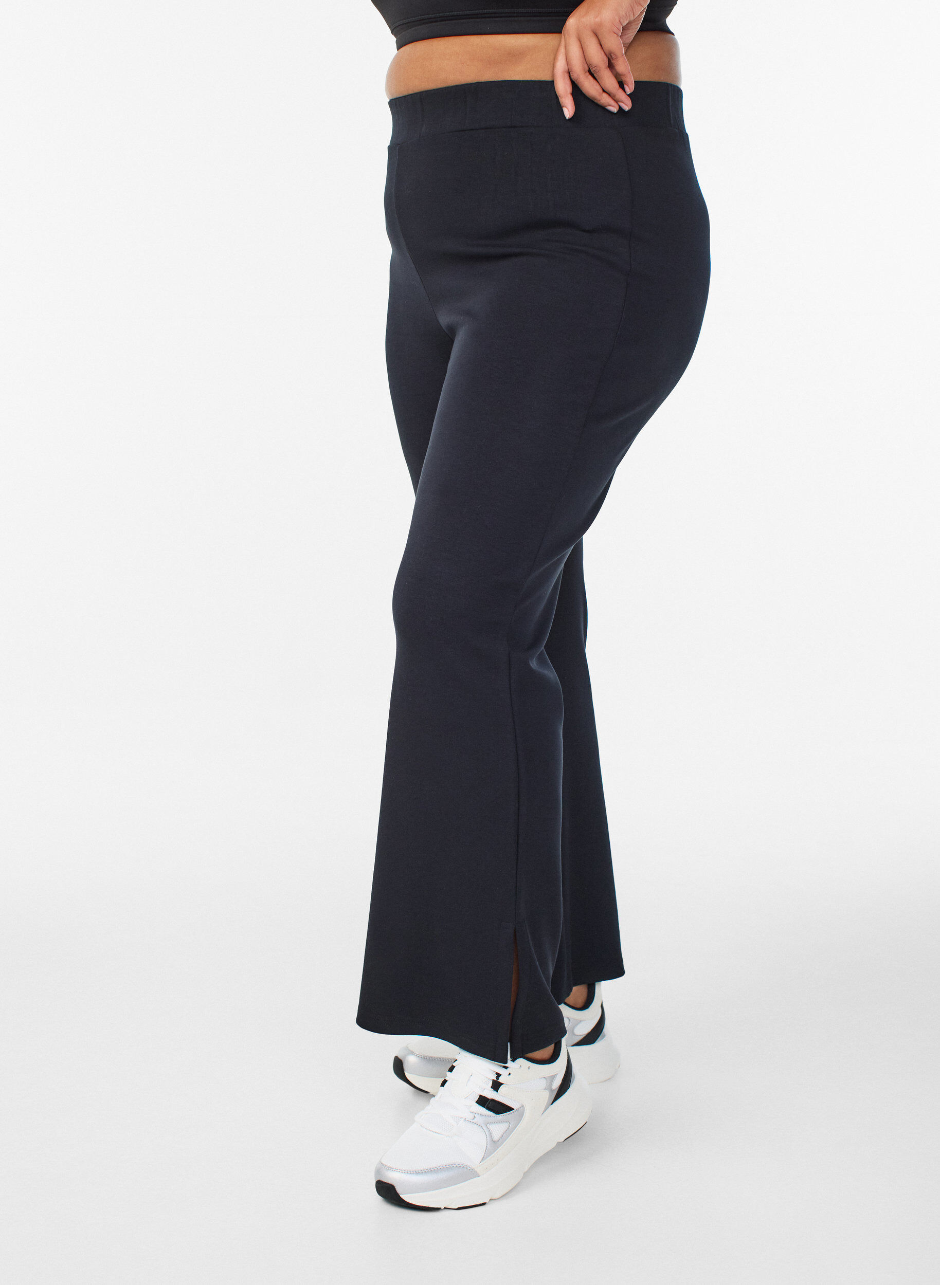 Flare jersey trousers with slits and high waist, Black, Model