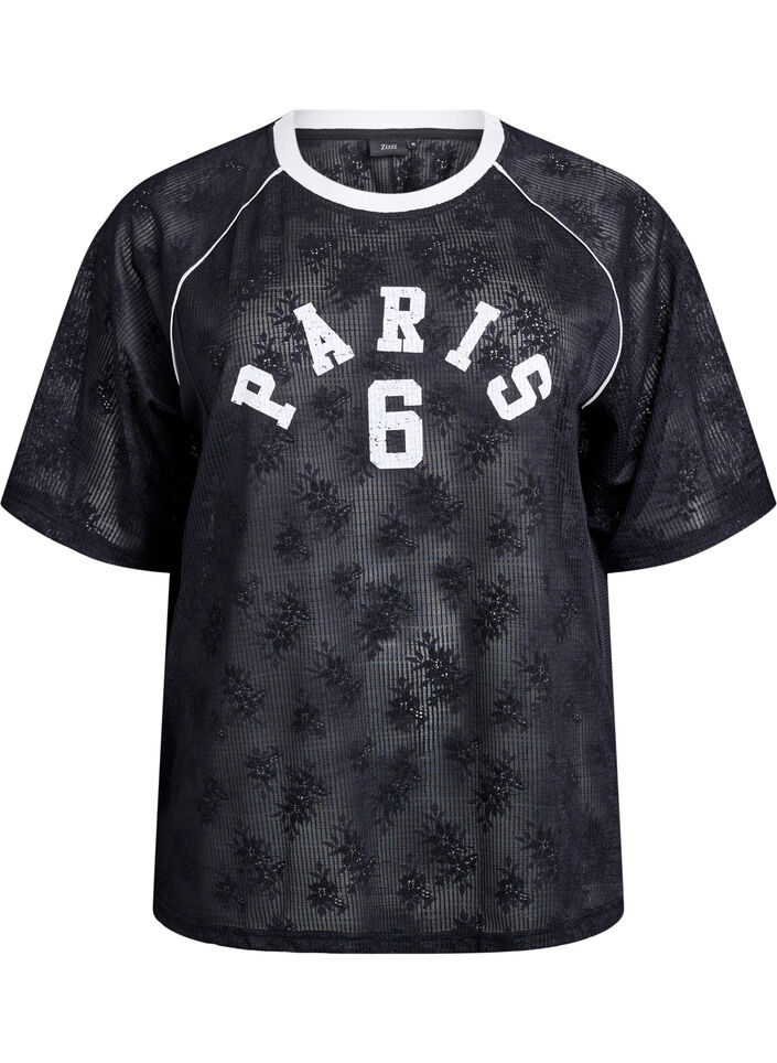 Lace T-shirt with text print, Black, Packshot image number 0