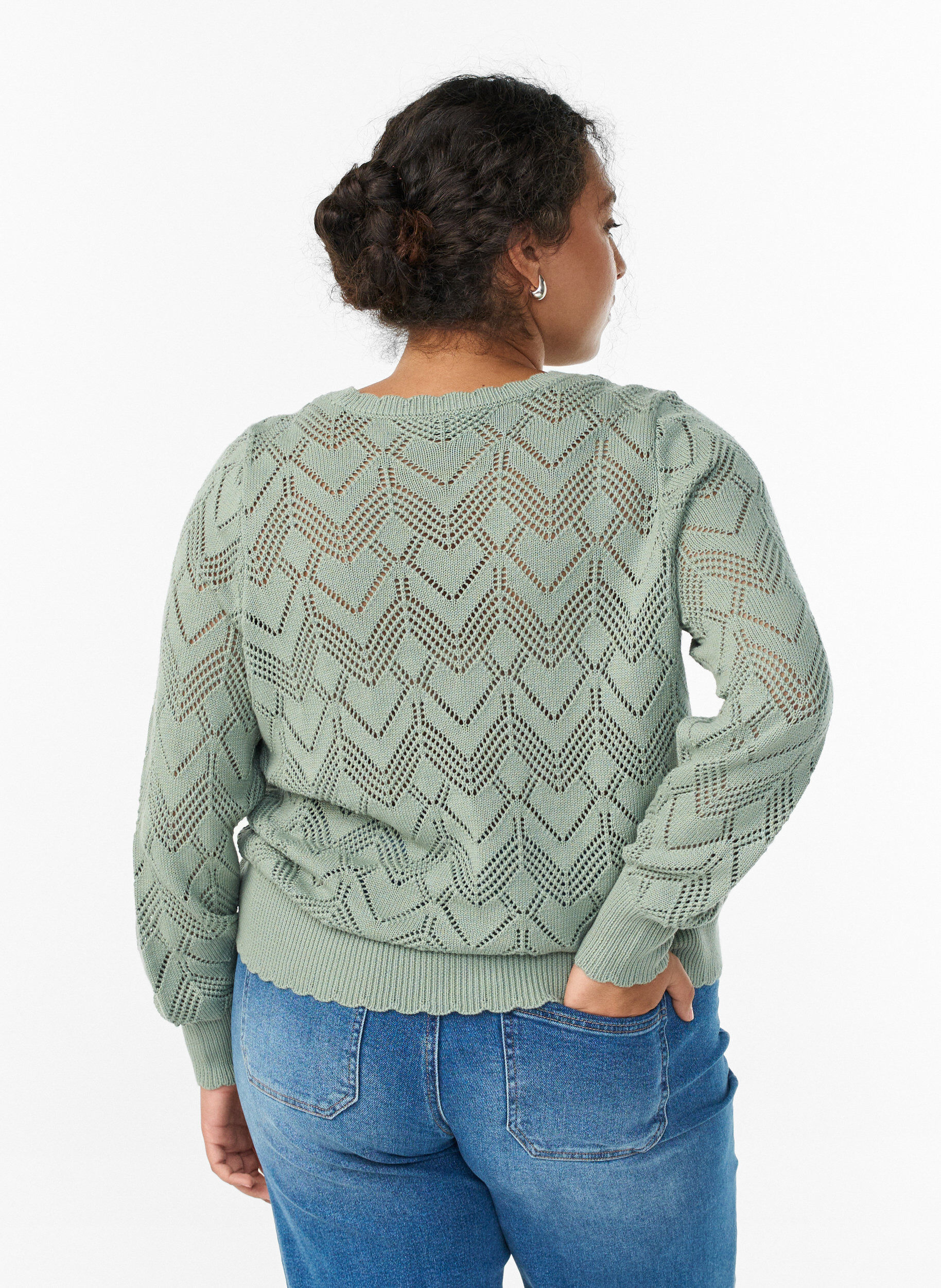Zizzifashion Patterned knit blouse with wavy edge and round neckline, Green, Model image number 2