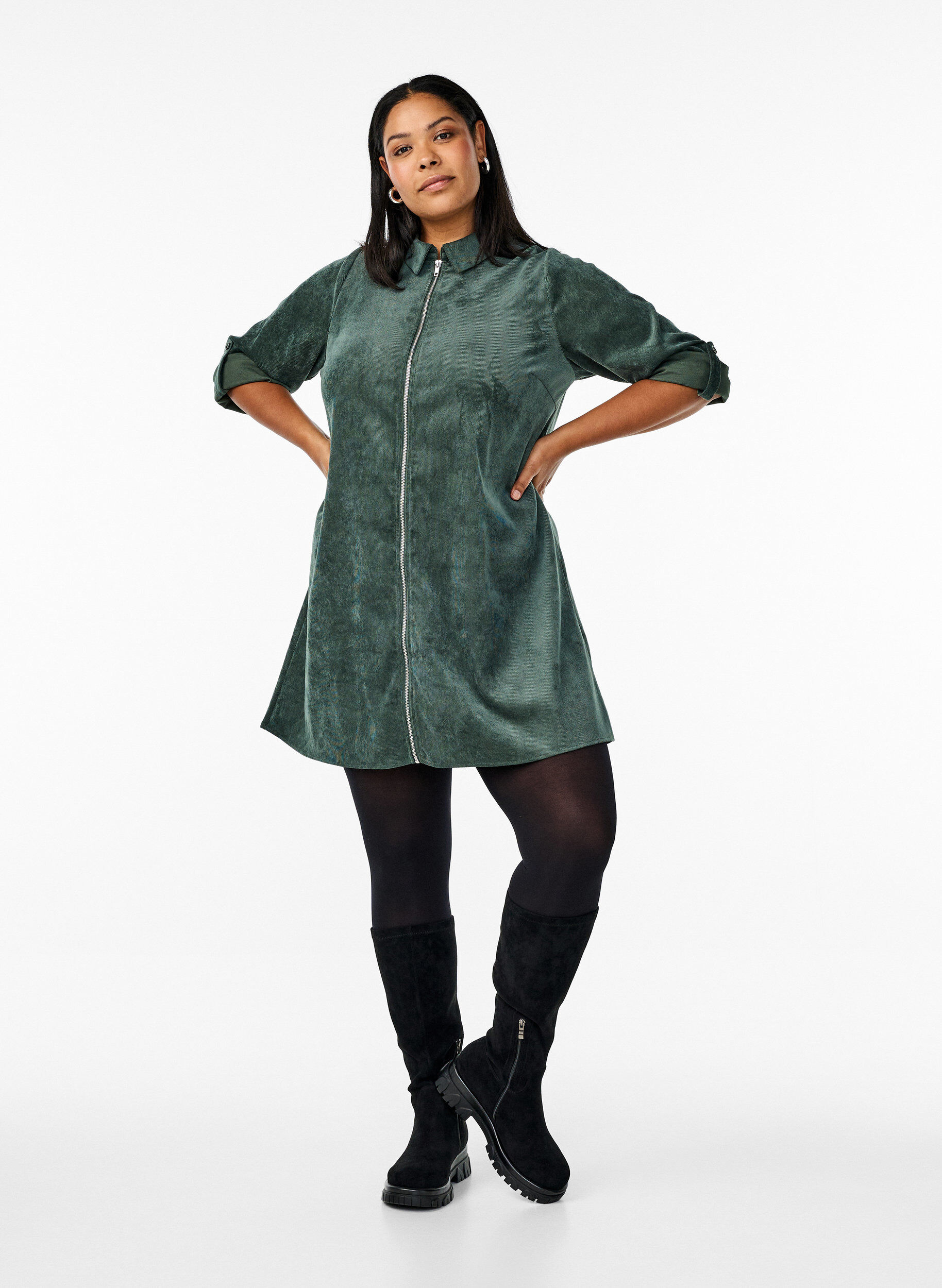 Zizzifashion Velvet dress with zipper and 3/4 sleeves, Green, Model image number 1