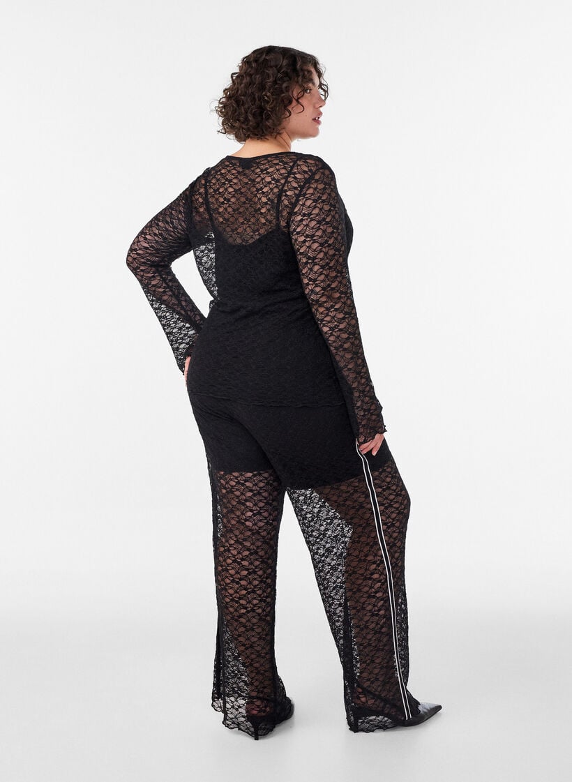 Sheer wide-leg lace trousers, Black, Model image number 1