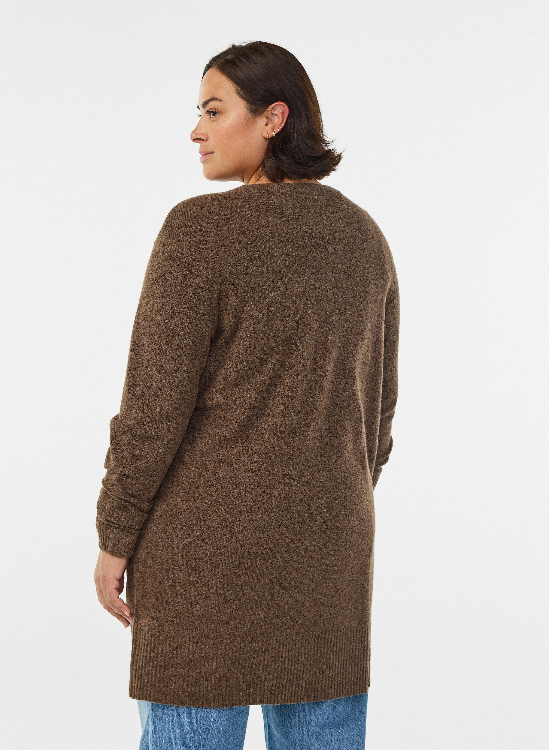 ZizzifashionRibbed Knit Cardigan with Pockets, Brown, Model image number 2