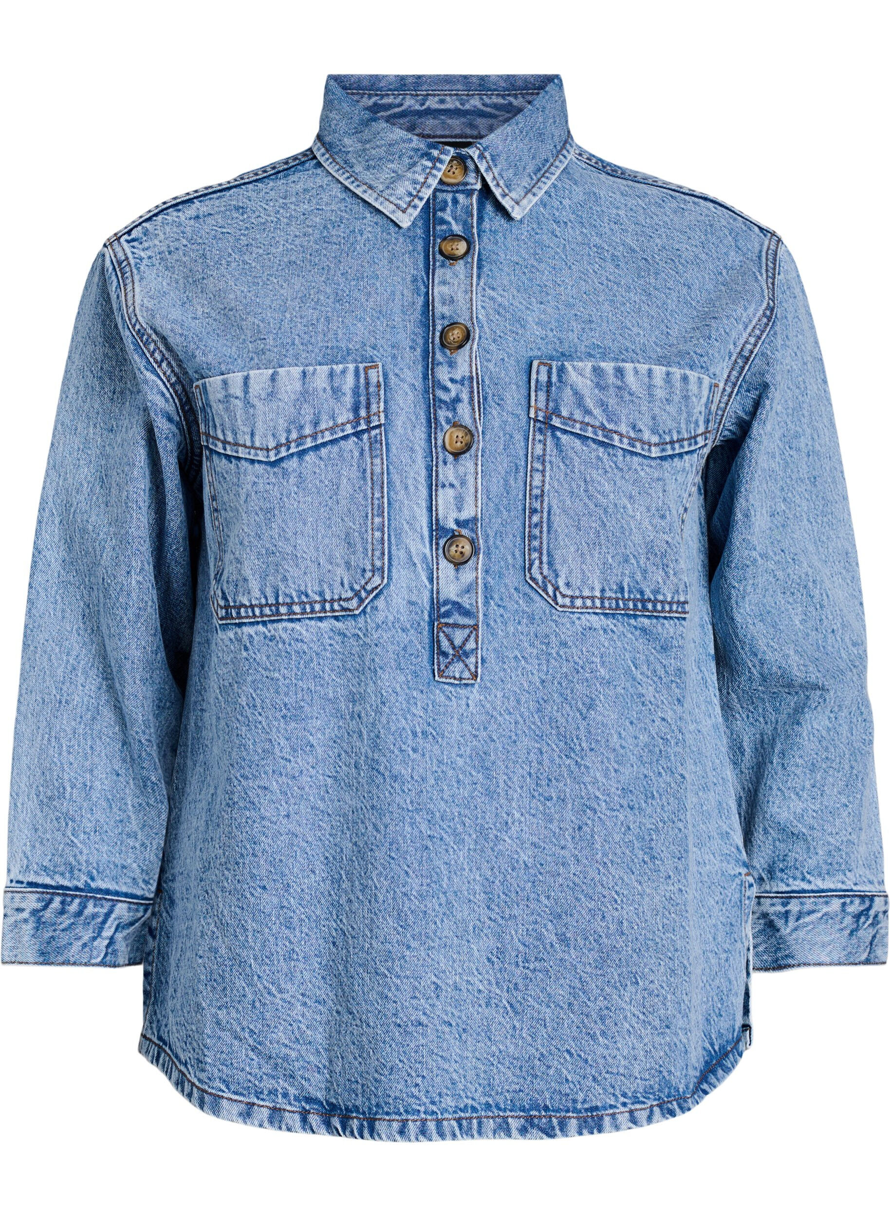 Denim shirt with half placket and chest pockets