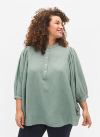 Viscose-Linen Mix Shirt Blouse with 3/4 Sleeves, Chinois Green, Model