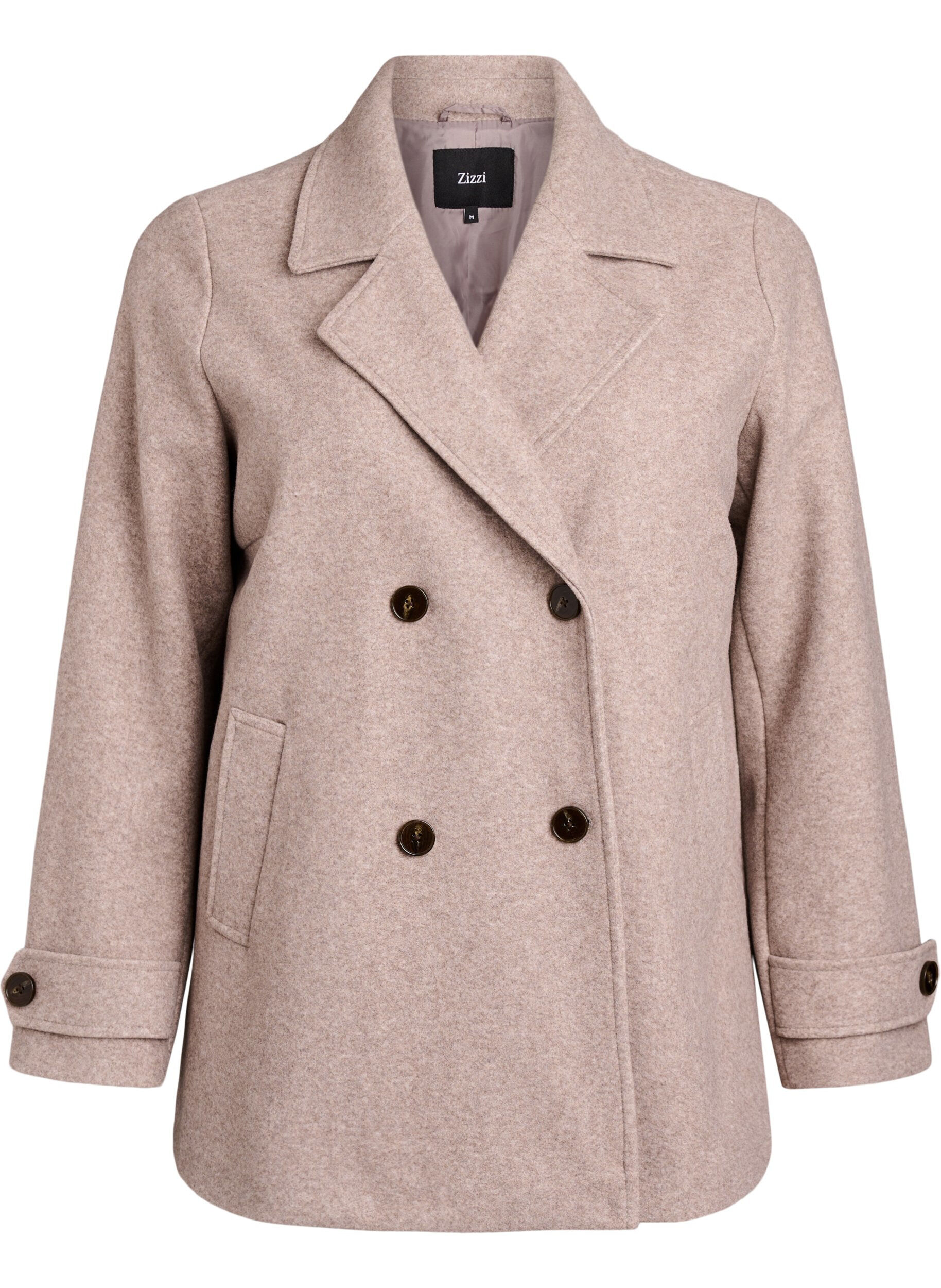 Short coat with double-breasted button closure