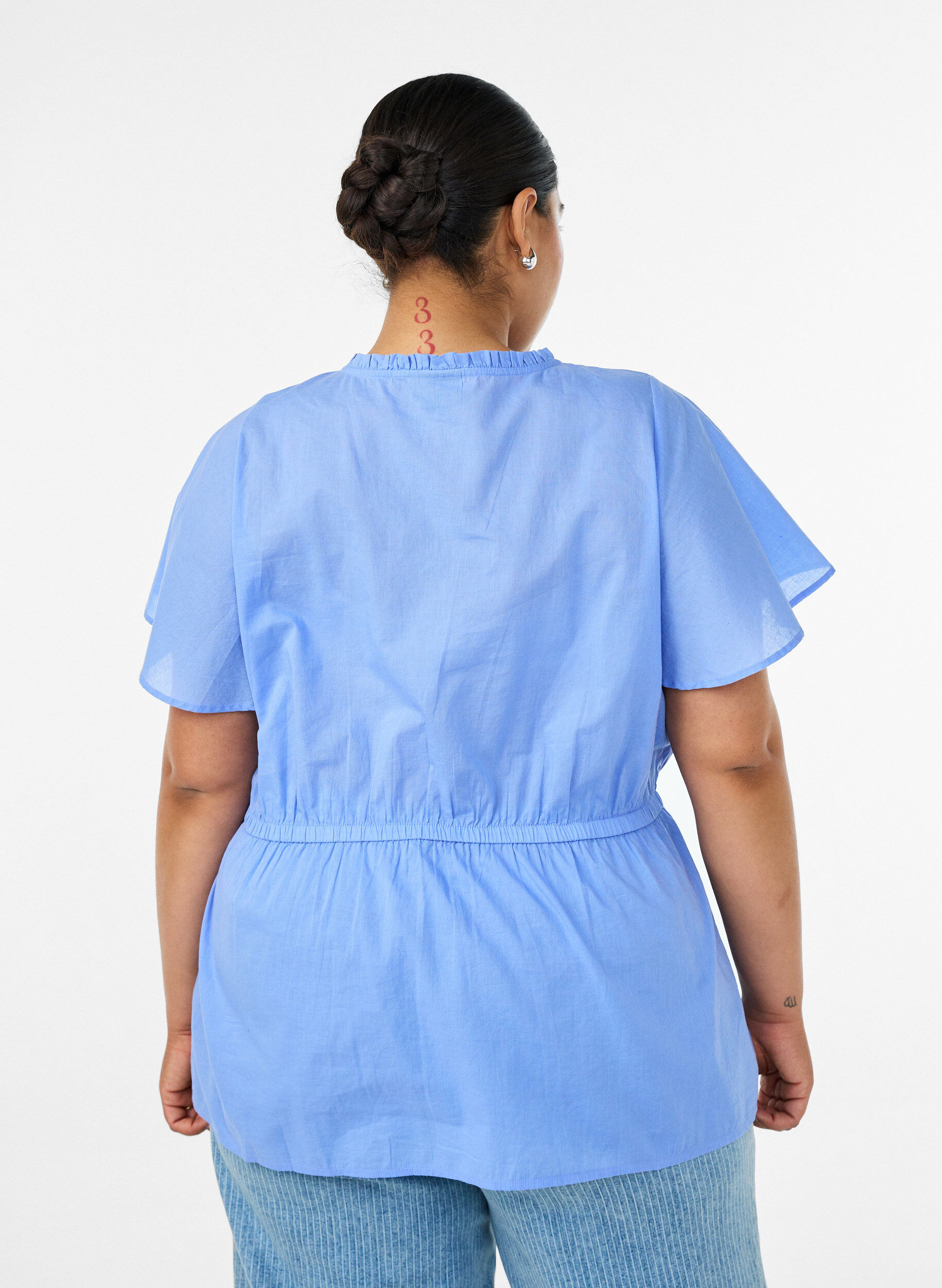 ZizzifashionCotton blouse with tie-string and elastic waist, Blue, Model image number 2