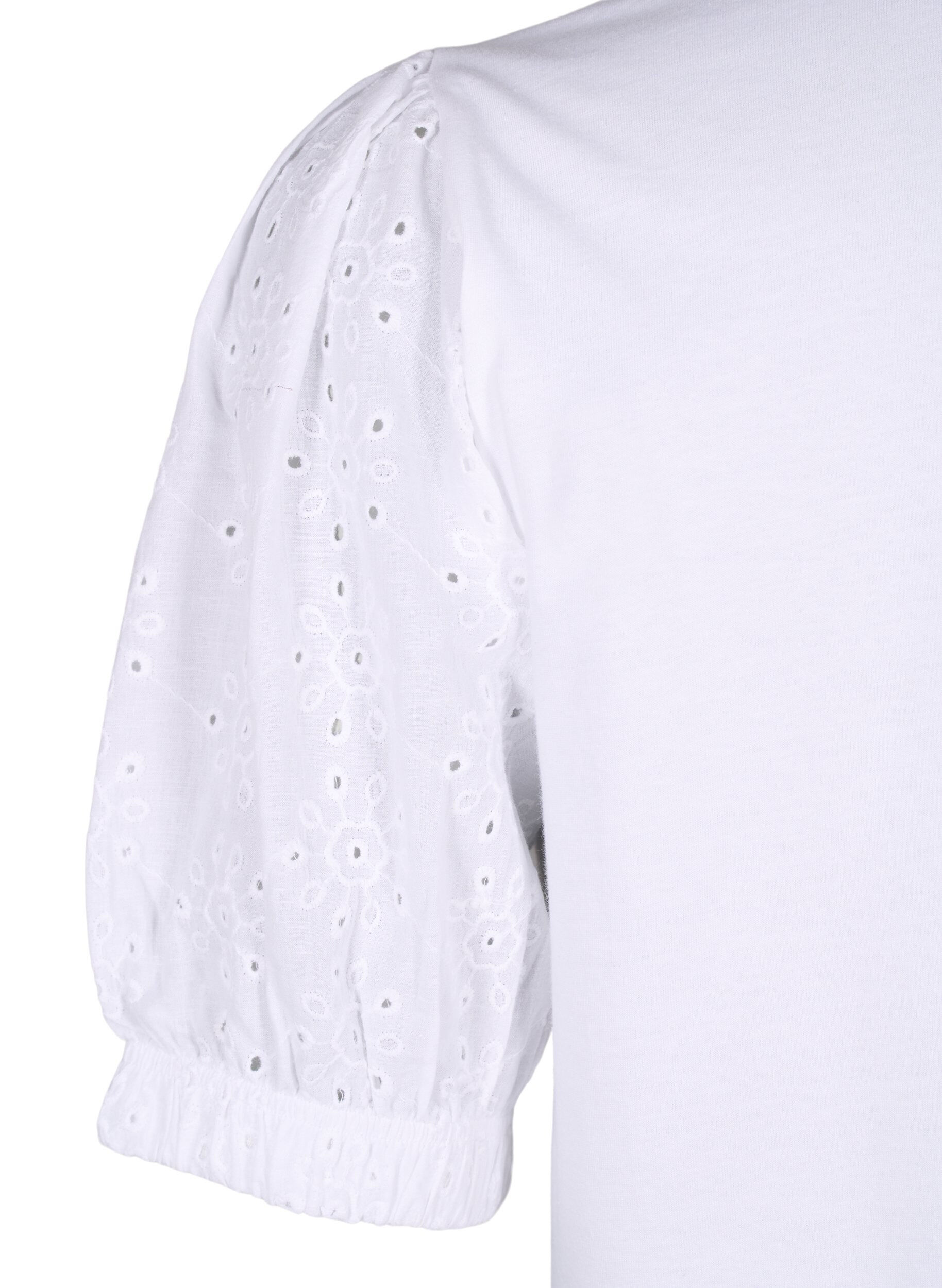 Zizzifashion Organic cotton blouse with broderie anglaise sleeves, Bright White, Packshot image number 3
