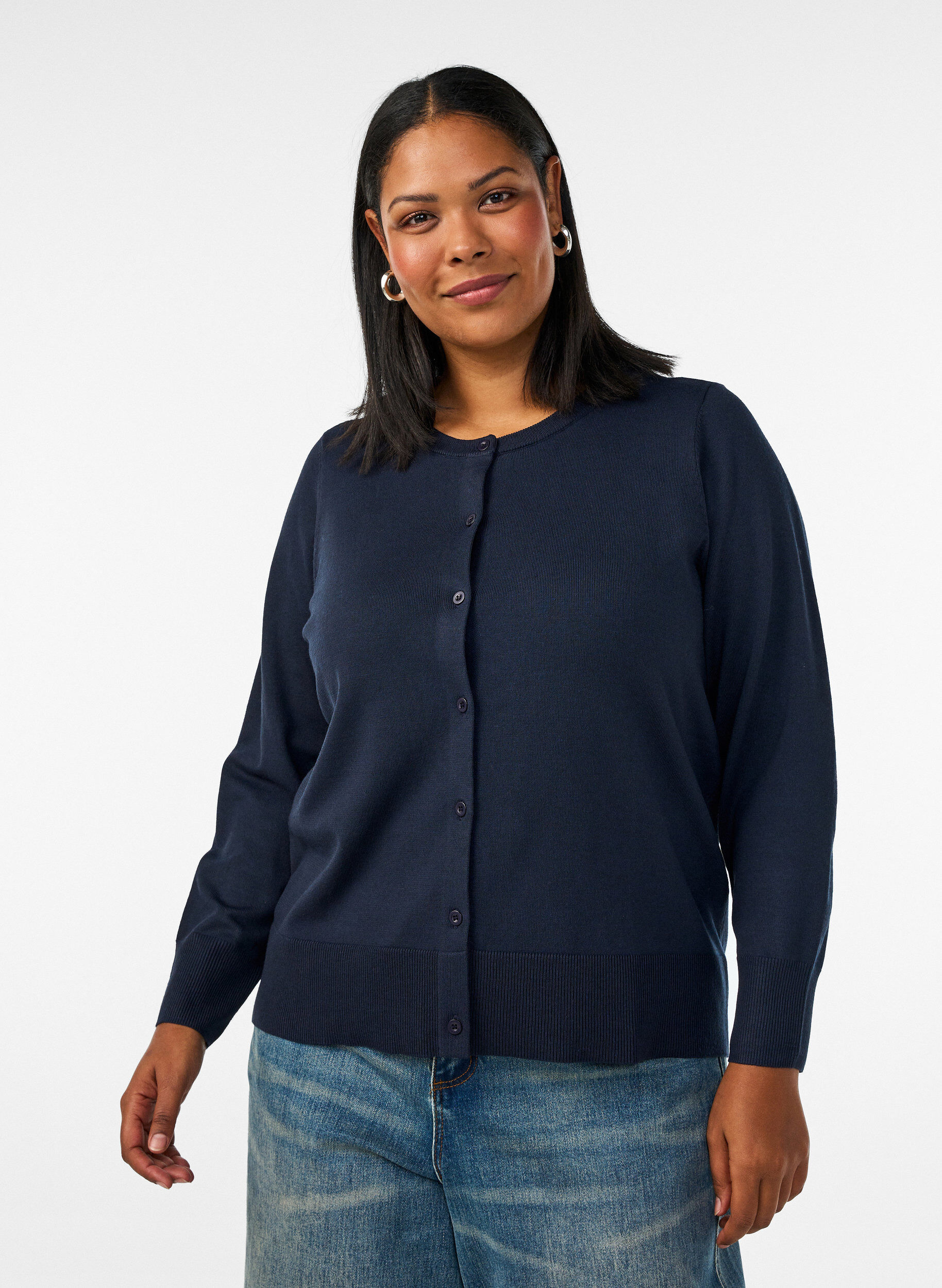 ZizzifashionFine-knit cardigan with round neck, Blue, Model image number 0