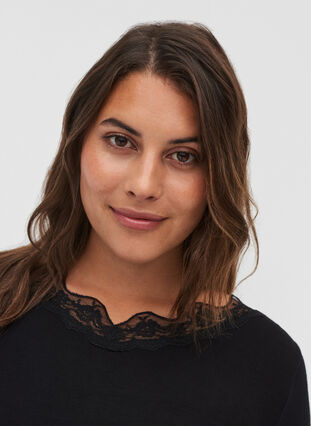 Viscose night shirt with V-neck and lace, Black, Model image number 2