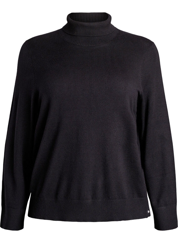 Knitted blouse with turtleneck and side buttons, Black, Packshot image number 0