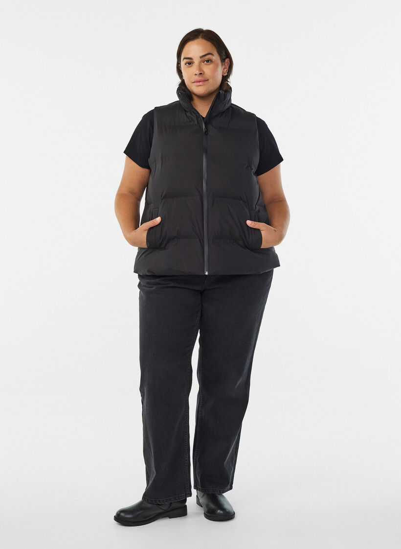 Short puff vest with high collar, Black, Model image number 1