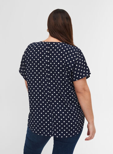 Blouse with short sleeves and a round neckline, Navy Bla w White Dot, Model image number 1