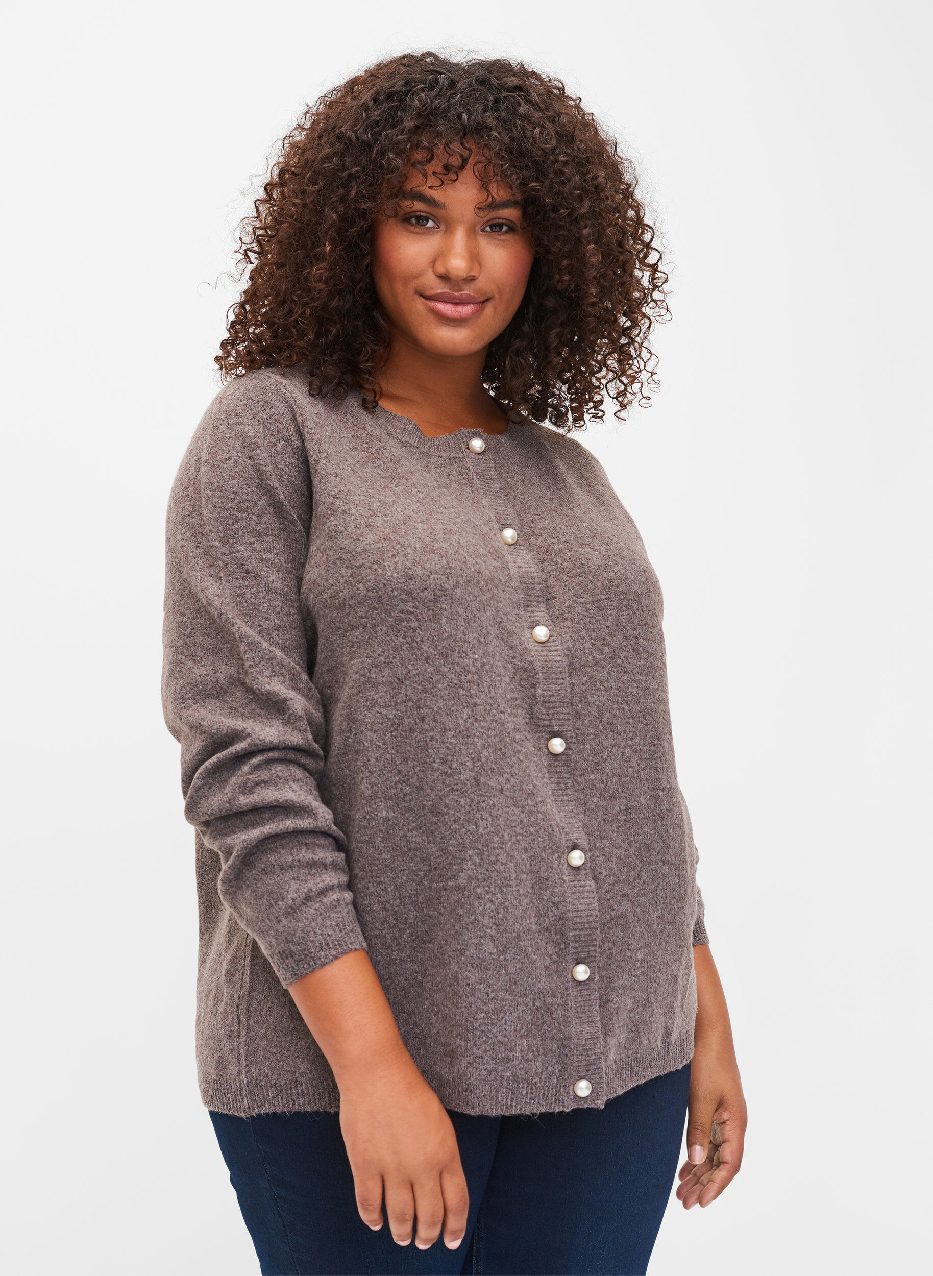 Short melange knit cardigan with pearl 