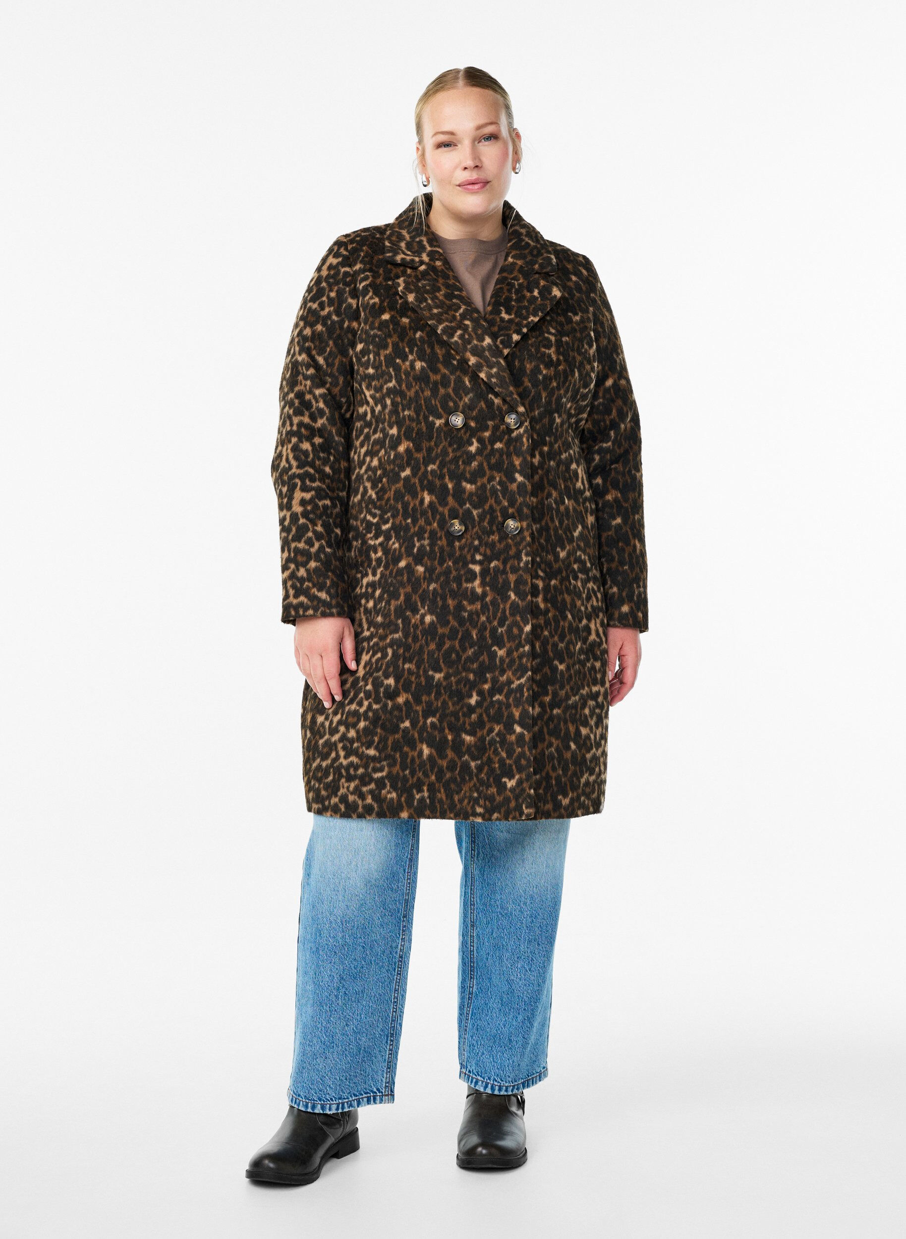 Zizzifashion Leopard print coat with double-breasted button closure, Brown, Model image number 1