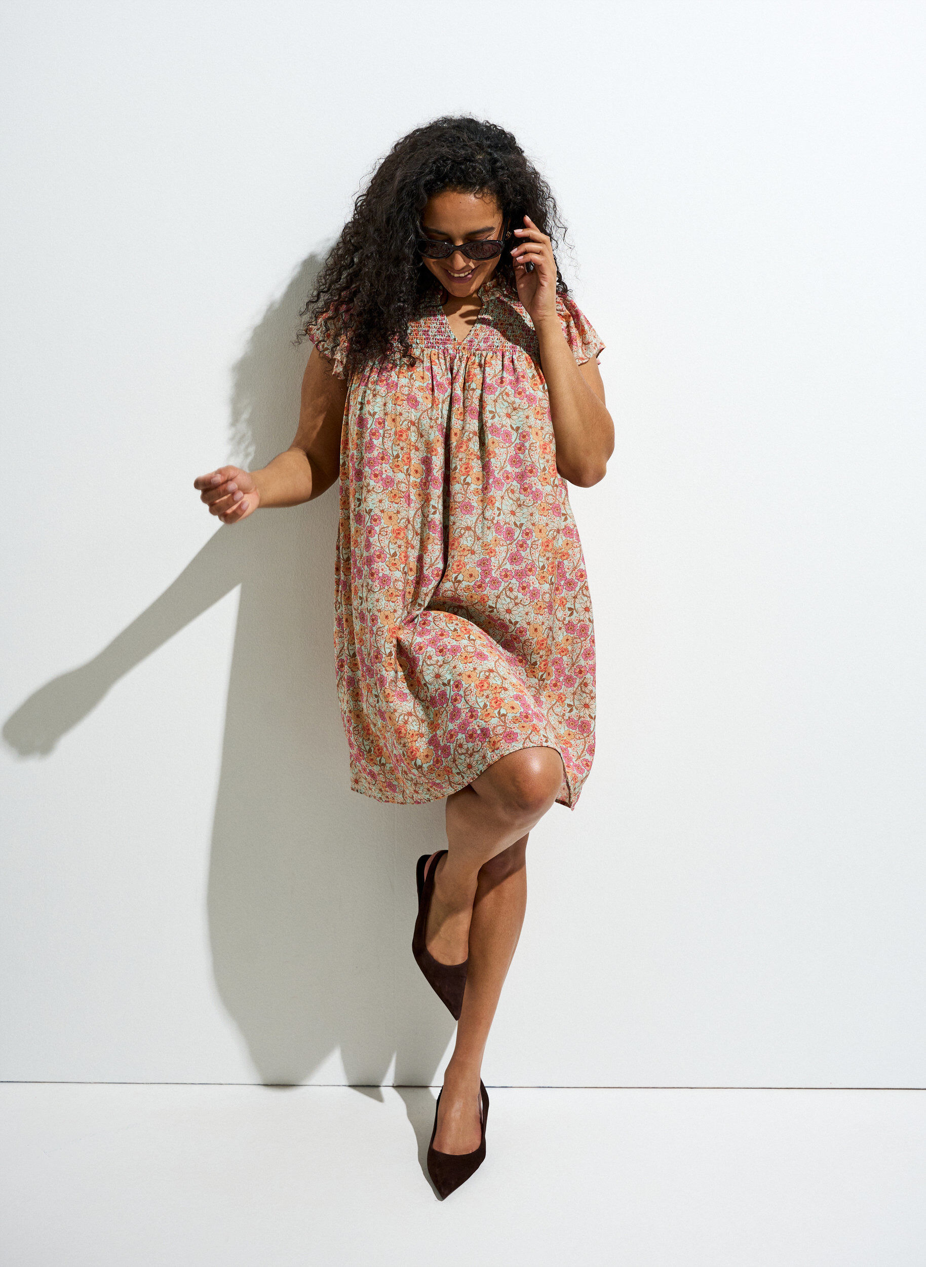 ZizzifashionShort viscose dress with smocking and floral print, Orange, Image image number 0